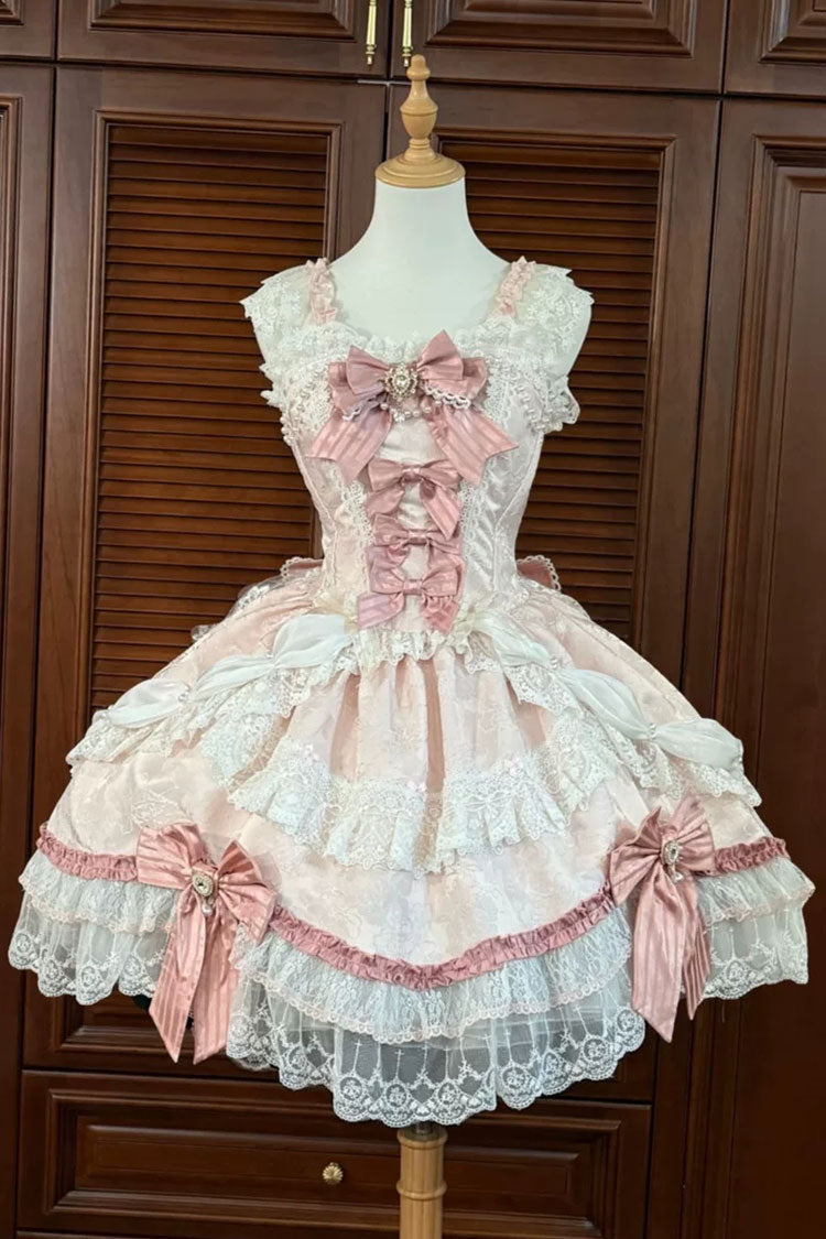 Rose Ribbon Prelude Square Neck Sleeveless Embroidered Floral Lace A-Line JSK Dress - Pink