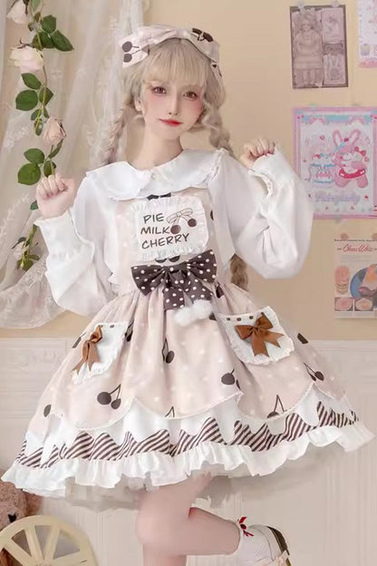 Cherry Milk Pie Print Ruffled Bow Stitched Jumper Dress