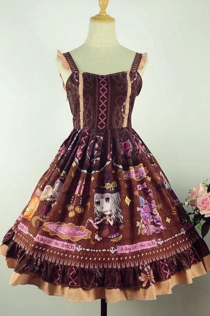Brown Little Witch Sleeveless Print Ruffle Bowknot Sweet Elegant Lolita Jsk Dress