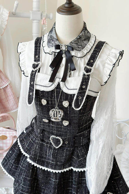 Black Plaid Pearl-Decorated Sweet Japanese Strap Dress Set