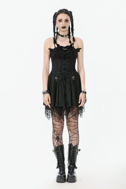 Pleated Dark Demon Slip Dress with Corset Lacing - NoirEdge