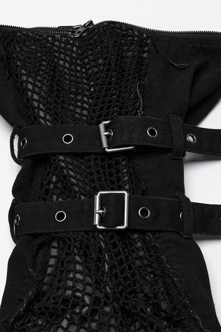 Detachable Punk Pants with Unfinished Edges and Mesh