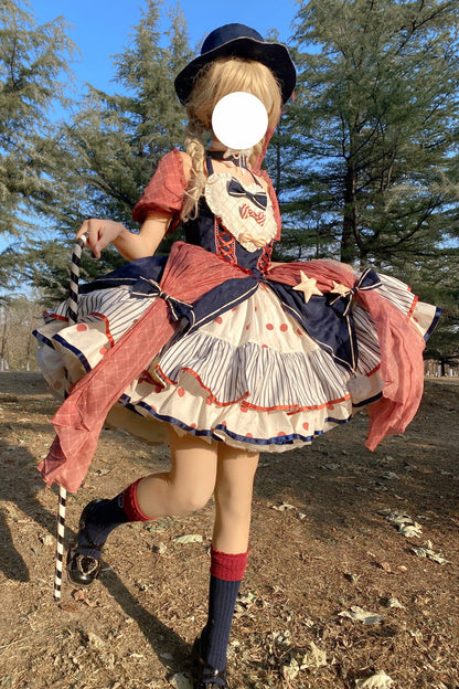 Circus Theme Short-Sleeved Layered Print Ruffled Bow Sweet Dress