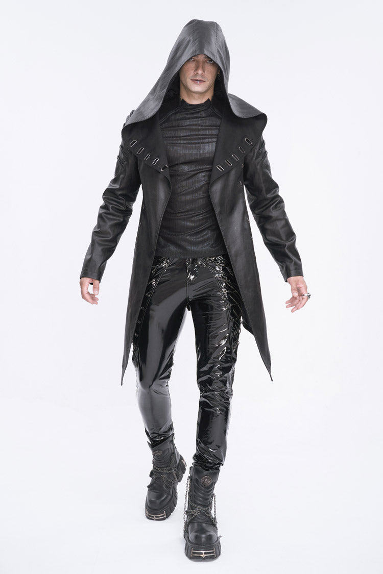 Eyelet Black Asymmetric Gothic Jacket with Hood for Men