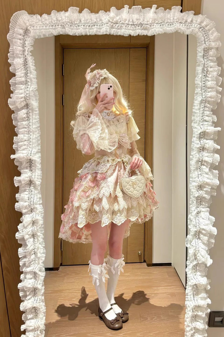 Rose Peacock Feather Tiered Ruffle Bride Cardigan Bow Lace Sweet Lolita JSK Set