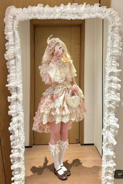 Rose Peacock Feather Tiered Ruffle Bride Cardigan Bow Lace Sweet Lolita JSK Set