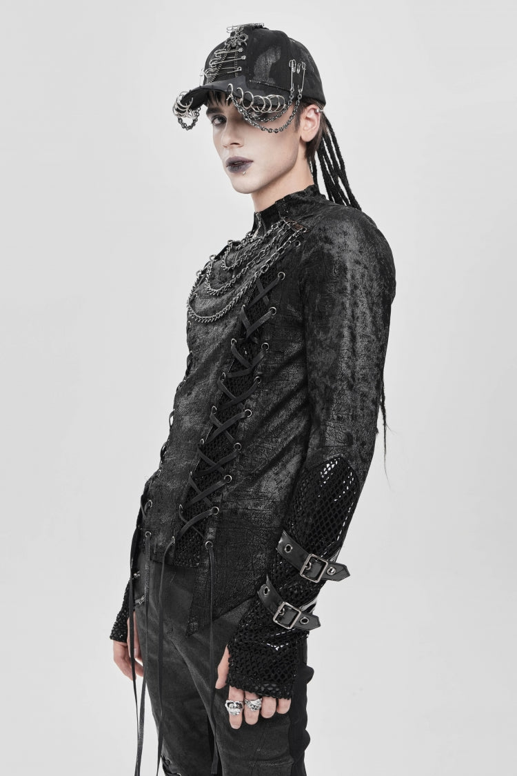 Men's Punk Blouse with Lace-Up Front and Chain Accents