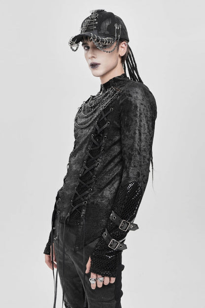 Men's Punk Blouse with Lace-Up Front and Chain Accents