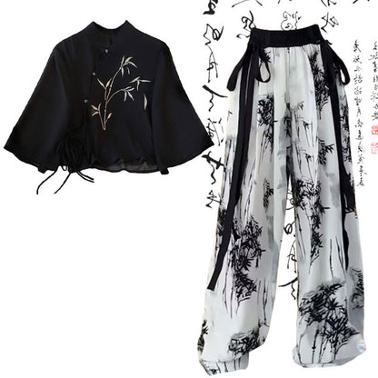 Vintage Schwarzes Hemd mit Bambus-Print, lockere Freizeithose