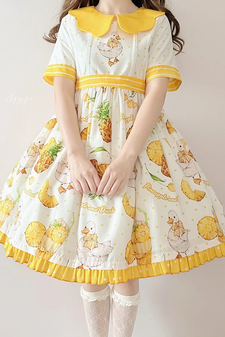 White and Yellow Short-Sleeved Duck Print Bow-Trim Sweet Lolita OP Dress