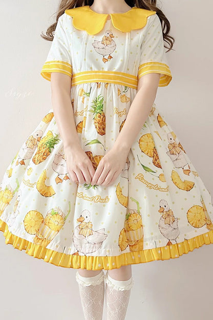 White and Yellow Short-Sleeved Duck Print Bow-Trim Sweet Lolita OP Dress