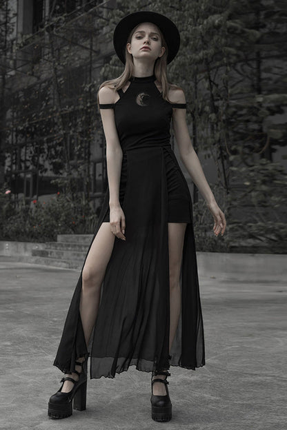 Gothic Dress with Lunar Print and Mesh Stitching