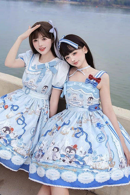 Bow-Embellished Print JSK with Ruffle Trim in Navy