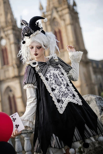 Letters and Poems Doll Mask Poker Clown Long Sleeves Ruffled Bow Gothic Lolita Dress Set