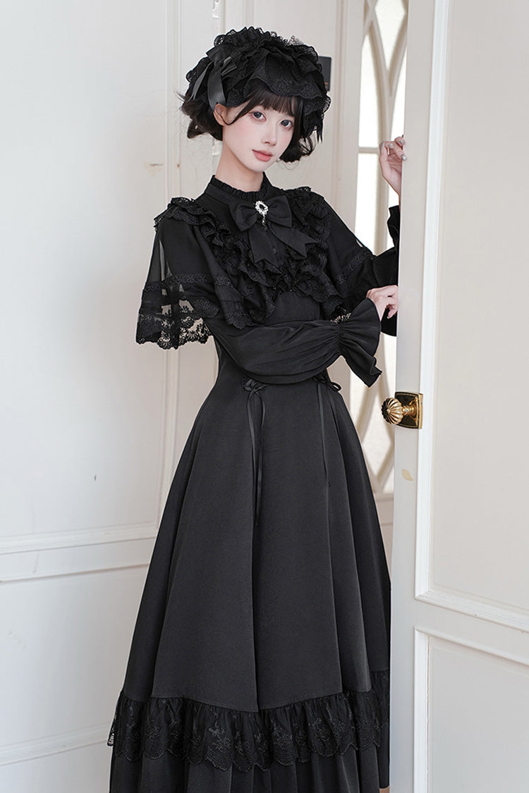 Stand Collar Gothic Dress with Long Sleeves and Lace-Up Ruffled Bow - Letters & Poems · Day and Night