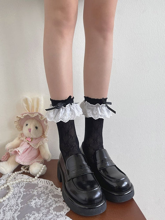 Black/White/Apricot Bowknot Details Lace Trim Hollow-out Socks