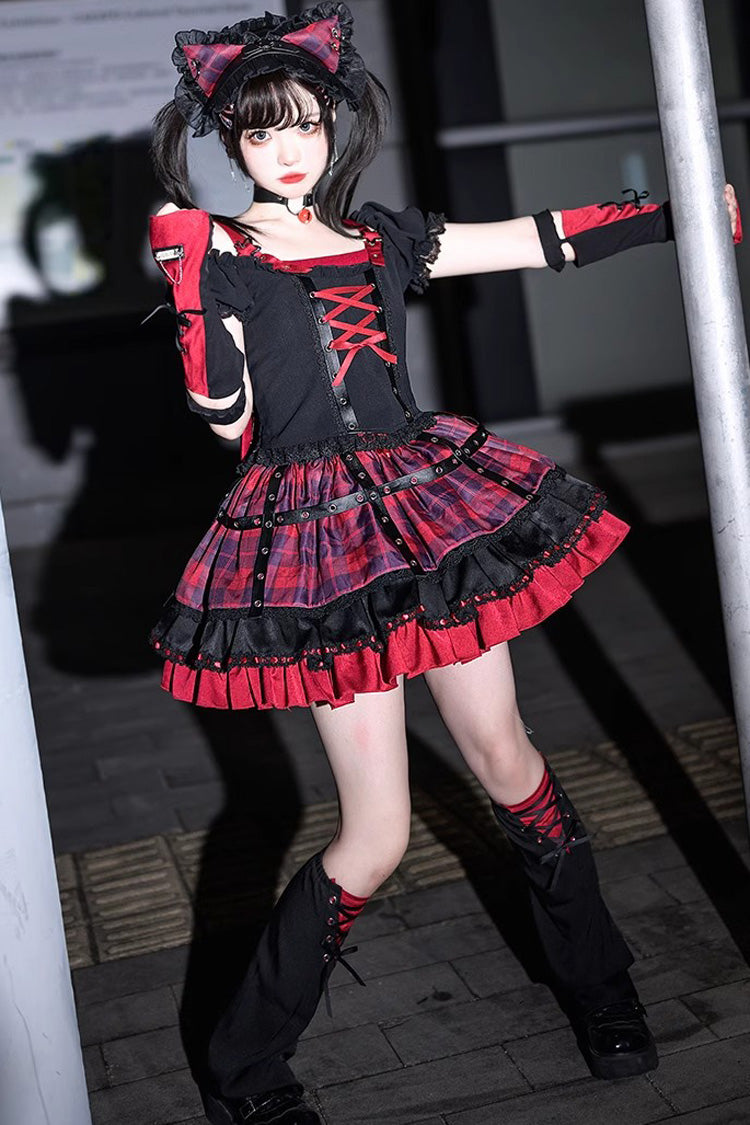 Black Red Print Ruffle Lace-Up Gothic Japanese Princess Skirt Set