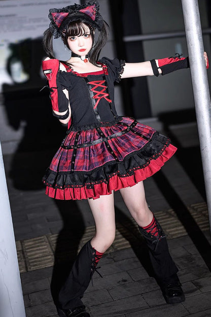 Black Red Print Ruffle Lace-Up Gothic Japanese Princess Skirt Set