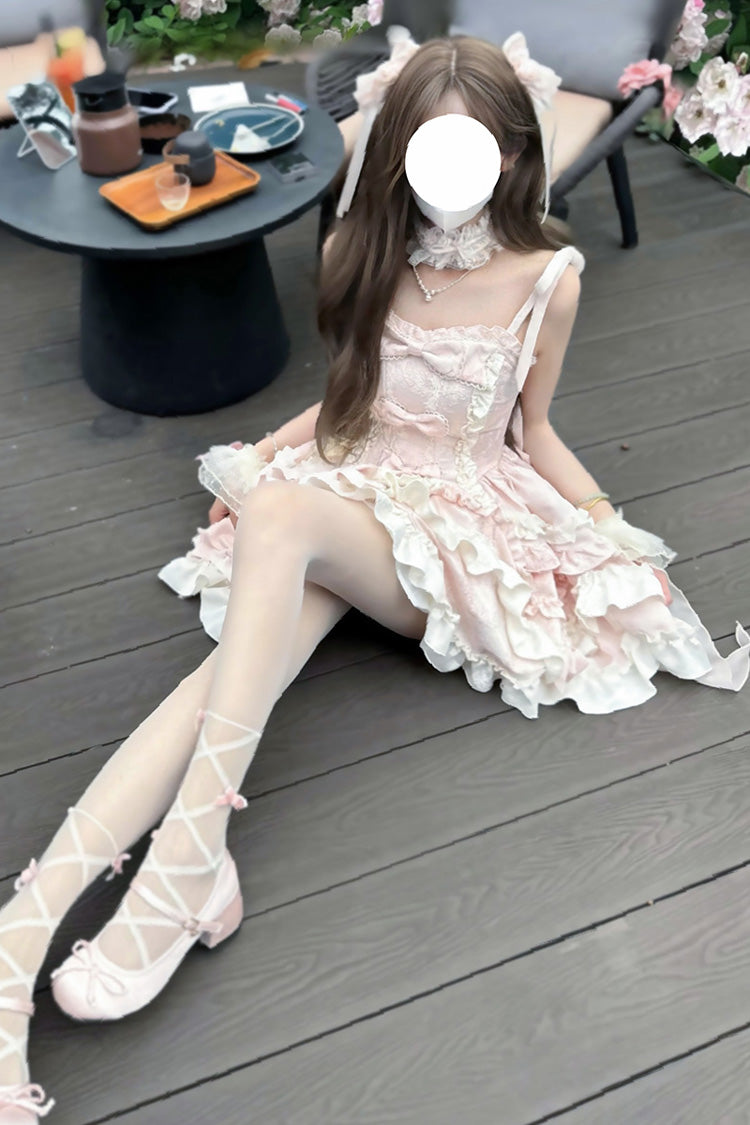 Pink Heart of Butterfly Halterneck Sleeveless Multi-Layer Ruffle Embroidery Princess Ballet JSK Dress Set
