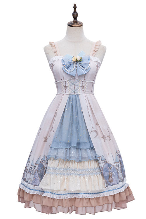 Cardigan with Elves Print and Multilayer Ruffled Jumper Dress