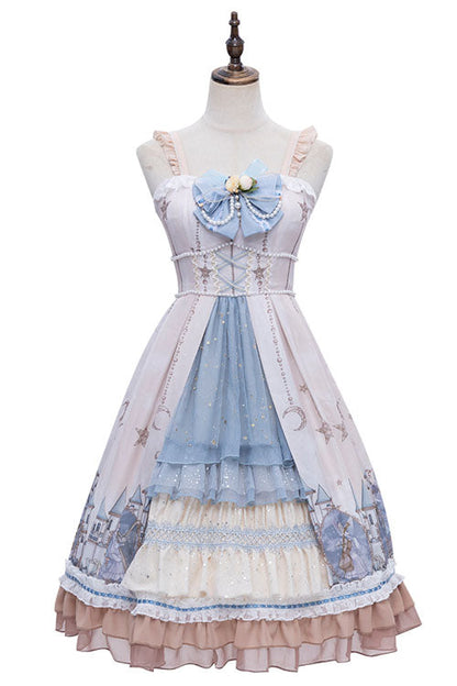 Cardigan with Elves Print and Multilayer Ruffled Jumper Dress
