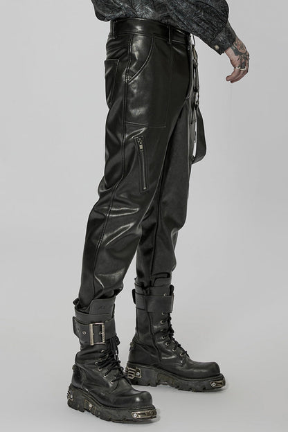Men's Steampunk Pants with Detachable Metal Side Straps in Black Faux Leather
