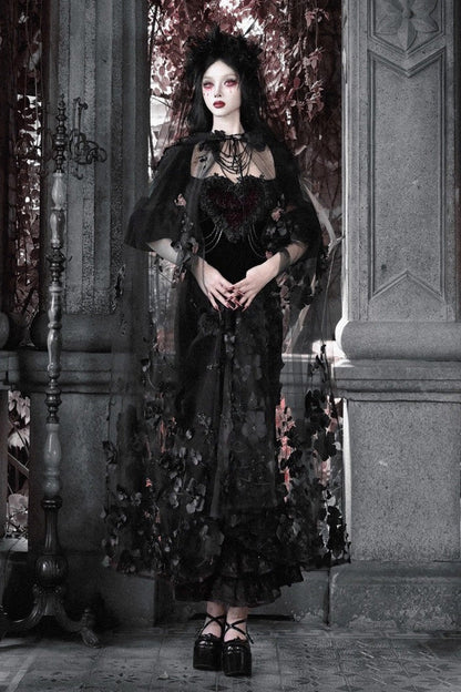Square Collar Gothic Mermaid Dress with Multi-Layered Ruffled Embroidery - Castle of Dark Romance