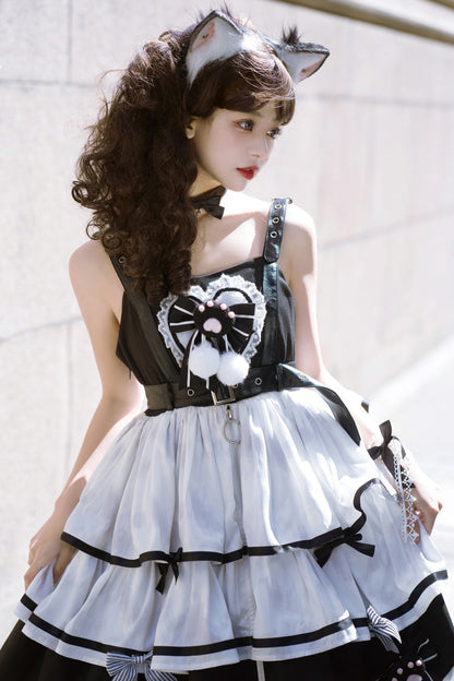 Black/White Sweet Lolita Triple-Layered Ruffle Bowknot JSK Dress