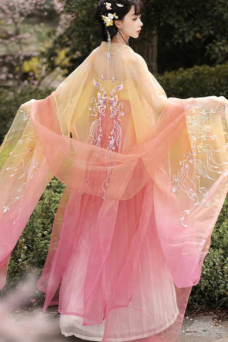 Tang Dynasty Inspired Embroidered High-Waist Hanfu Ensemble in Yellow and Pink