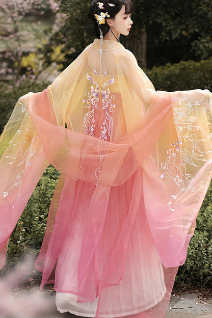 Tang Dynasty Inspired Embroidered High-Waist Hanfu Ensemble in Yellow and Pink