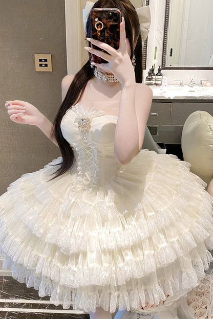 Heartbeat at First Sight Off-Shoulder Sleeveless Multi-Layered Ruffle Bowknot Lace Lace-Up Sweet Princess Gorgeous Lolita Dress in Beige