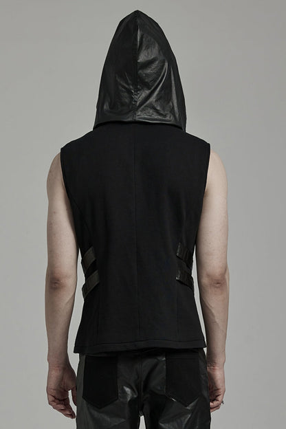 Men's Punk Hooded Vest with Black Stitching
