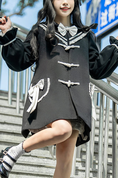 Sweet Lolita Coat with Lantern Sleeves Suit Collar and Back Bow Horn Button