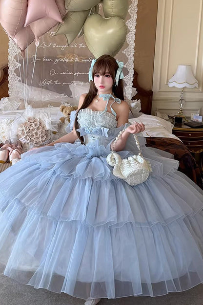 Multi-Layered Sleeveless Dress with Hanayome Bow and Ruffles