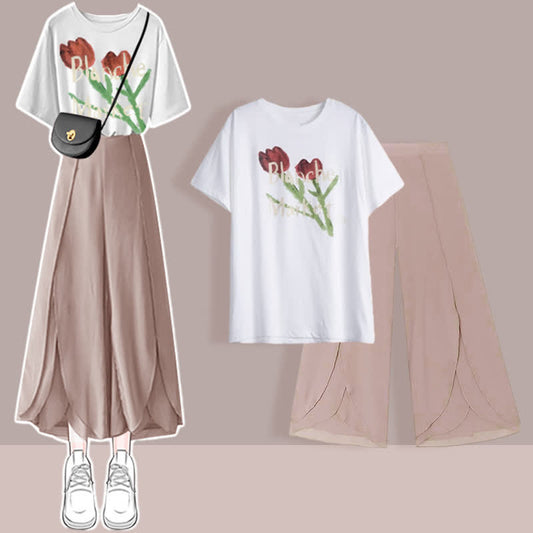 T-Shirt Set Chiffon Split Printed Pants Chic