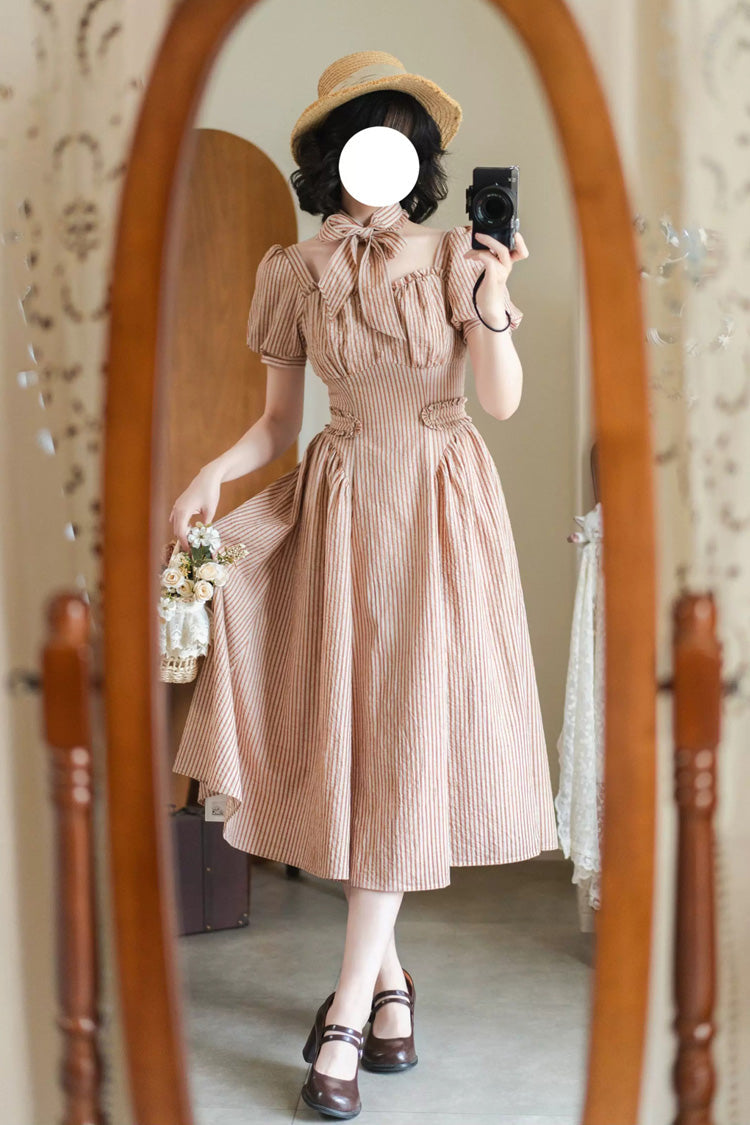 Chantilly Forest Square Collar Striped Printed Ruffled Classic Vintage Dress