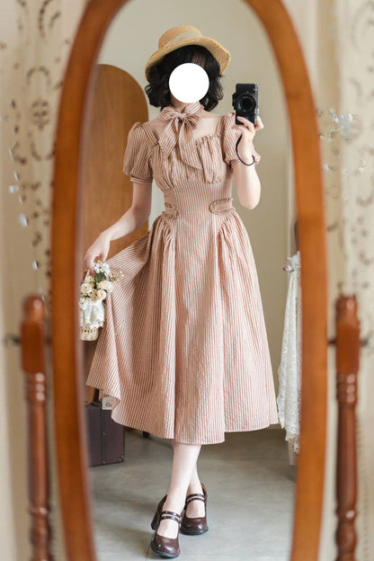 Chantilly Forest Square Collar Striped Printed Ruffled Classic Vintage Dress