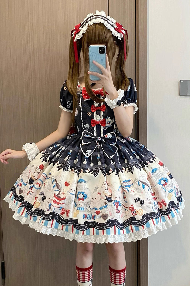 Square Collar Printed Bowknot Lace Sweet Dress