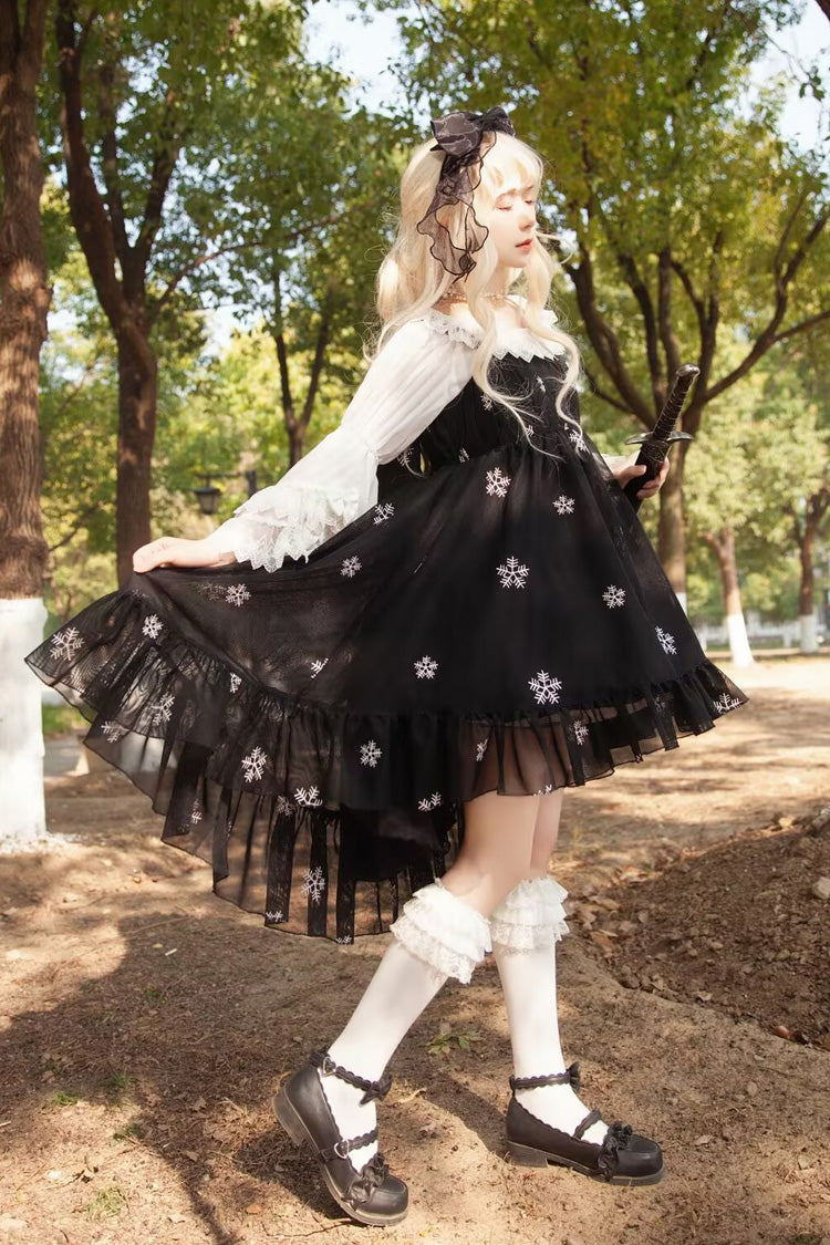 Feather Snowflake Embroidery Print Sleeveless Ruffle Bow Sweet JSK Dress