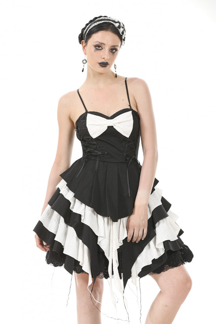 Monochrome Sleeveless Multi-Layered Ruffled Bow Slip Dress