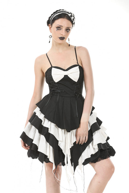 Monochrome Sleeveless Multi-Layered Ruffled Bow Slip Dress