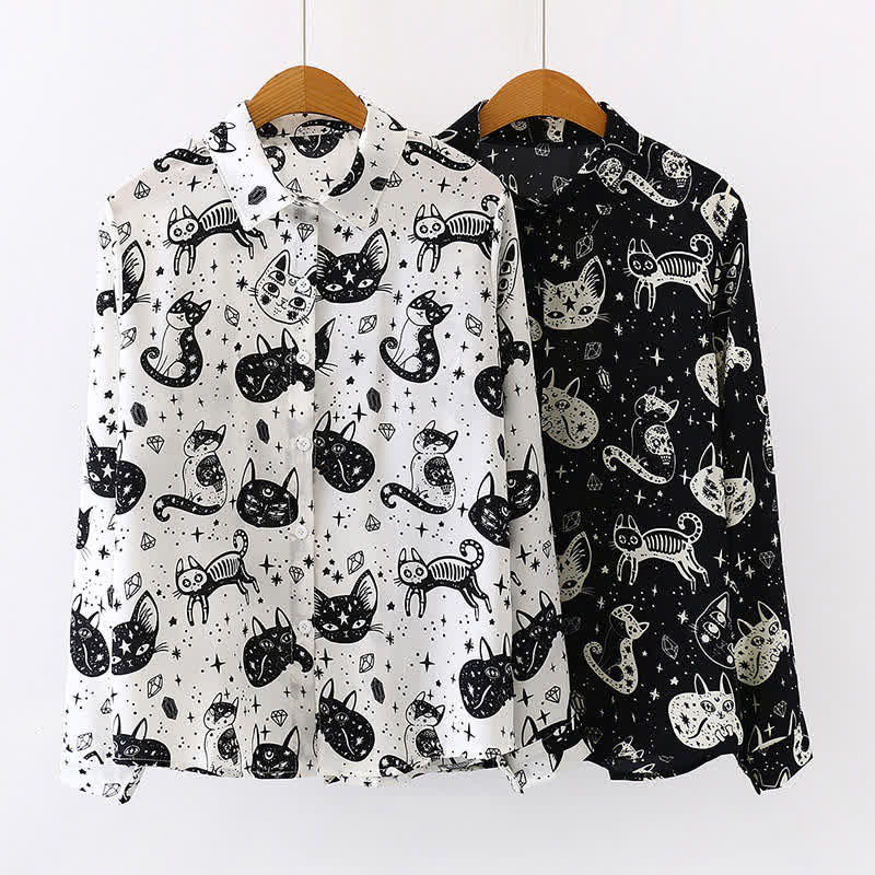 Schwarz-weißes Chiffon-Hemd mit Revers und Kätzchen-Print