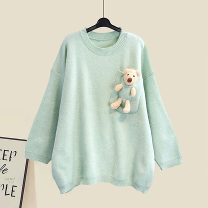 Lapel Pleated Sweet Dress Bear Sweater Pullover