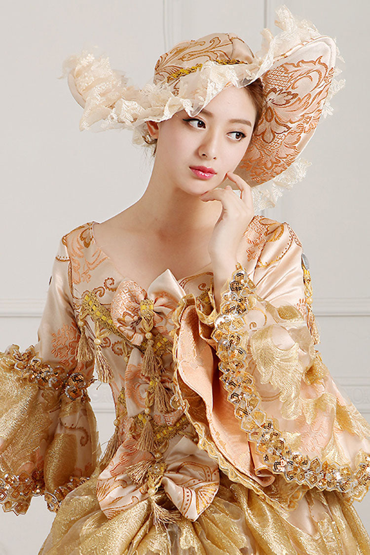 Trumpet-Sleeved High-Waisted Embroidered Print Bowknot Multi-Layer Victorian Lolita Prom Dress in Beige and Golden