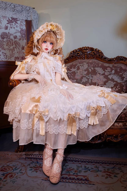 Golden Off-Shoulder Ruffled Lace Bow Wedding Elegant Gown