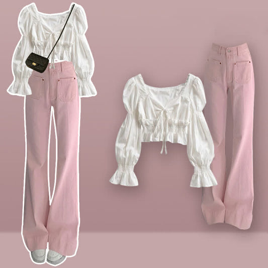 Set Sleeve Denim Puff Shirt Flared Pink Pants