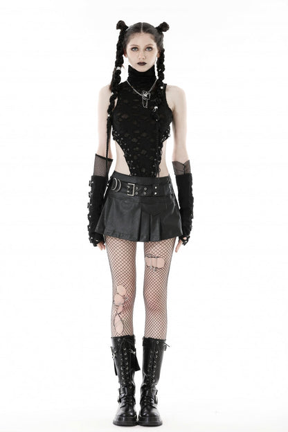 Pleated Punk Mini Skirt with Metal Belt Buckle in Black Faux Leather