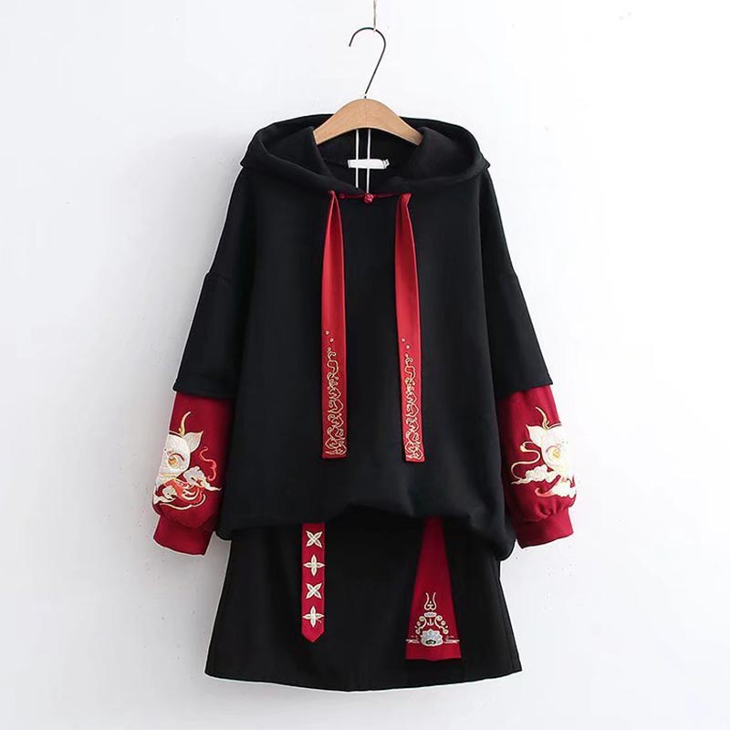 Stylish Dragon Embroidery Colorblock Hoodie Skirt Set