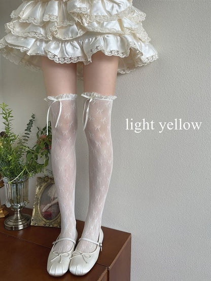 White/Light Yellow/Black Bowknot Details Lace Trim Overknee Stockings