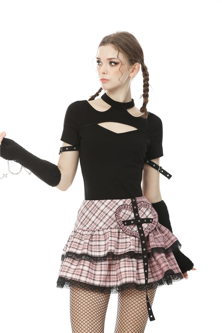 Pink Heart Plaid Double-Layer Ruffled Mini Skirt with Lace Hem